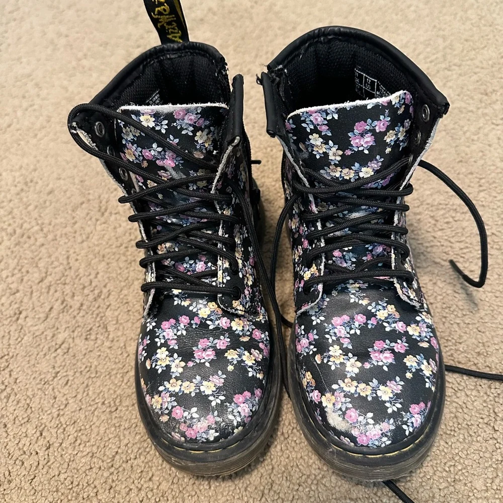 Floral Lace-Up Dr. Martens Boots - Black with Pink & Cream Flowers
